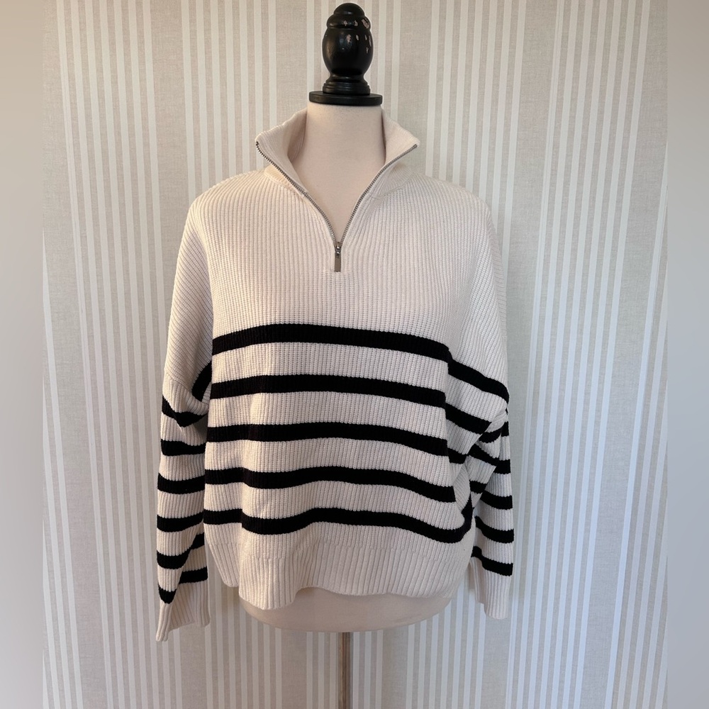 Mango White and Black Striped Sweater with Zip Women’s Size Small - Picture 2 of 6